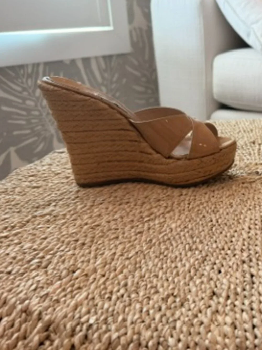 Jimmy Choo Tan Patent Leather Raffia Wedges, 35