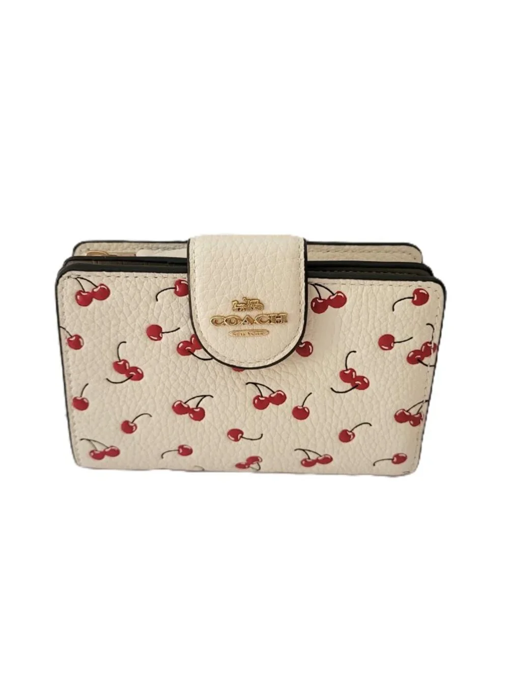 Coach CFA19 Medium Corner Zip Cherry Print Bifold Wallet Chalk Multi Leather
