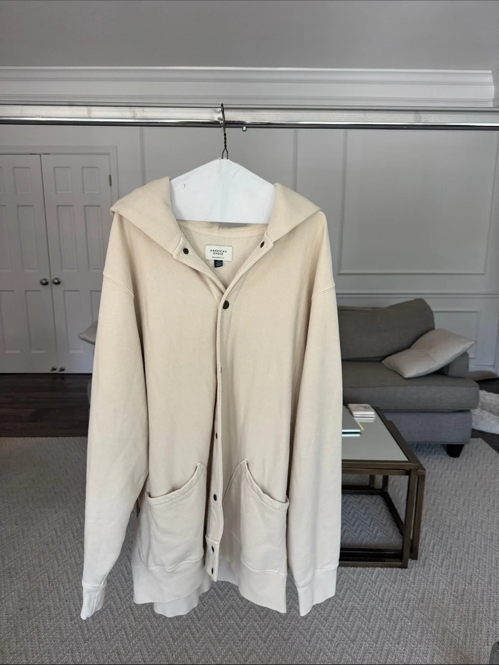 Men’s American Eagle Outfitters Cream Hooded Button-Up Jacket-XLT