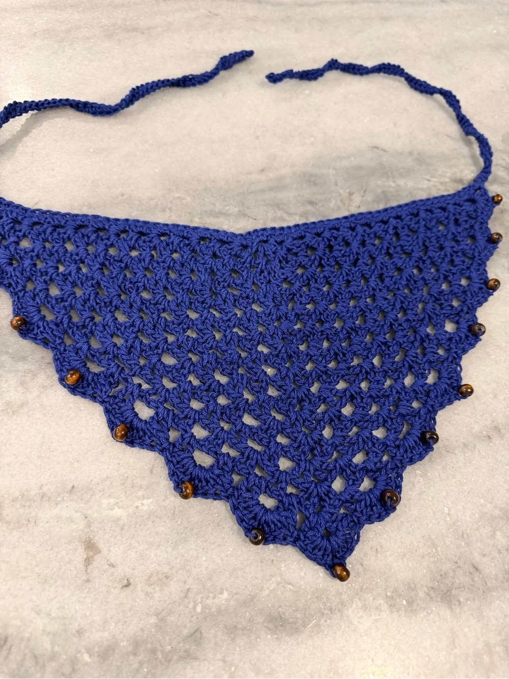 Handmade Crochet Wood Beaded Kerchief Head Scarf Cotton Boho Bandana Cottagecore