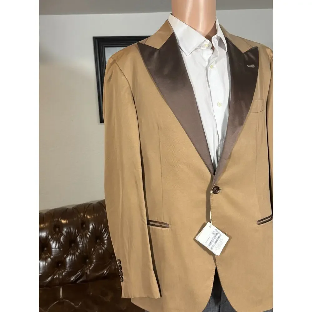 New Brunello Cucinelli Silk Tuxedo 2pc Peak Lapels Caramel Brown 50R 40 36x29