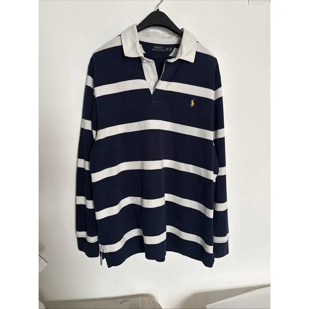 Polo Ralph Lauren Rugby Shirt Mens XXL Navy White Stripe Brushed Fleece Cotton