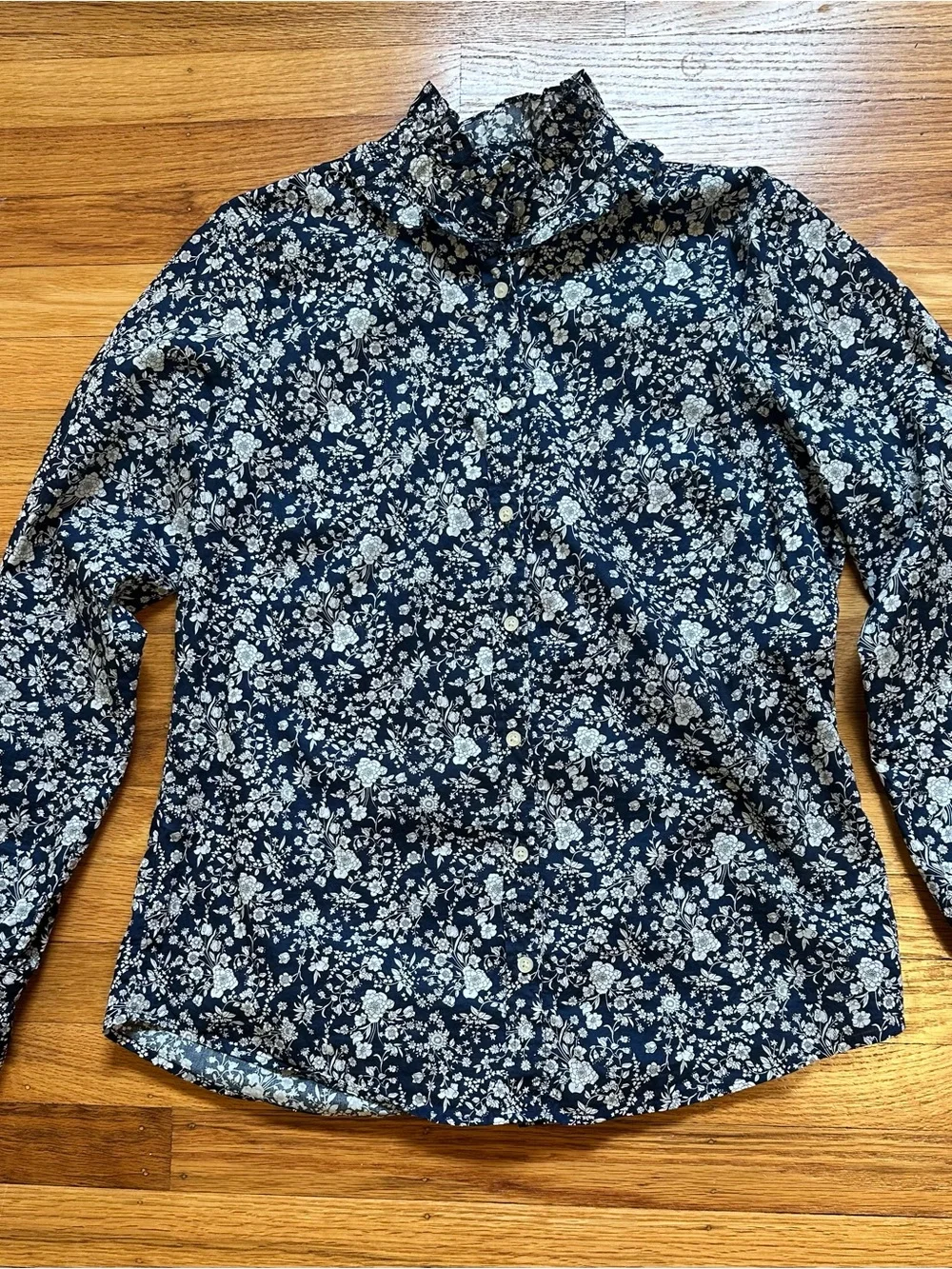 Liberty x J Crew Navy and White Floral Ruffled Collar Shirt