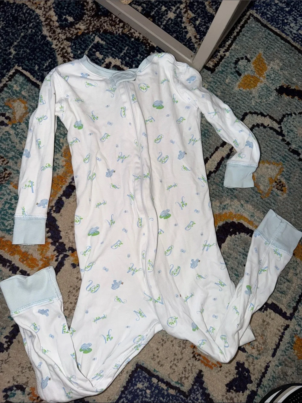 Unbranded Baby Footed Sleeper in White with Blue & Green Prints