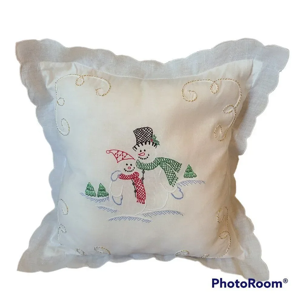 Christmas Snowmen Embroidered Throw Pillow Gold Cord Embellished Scalloped Trim