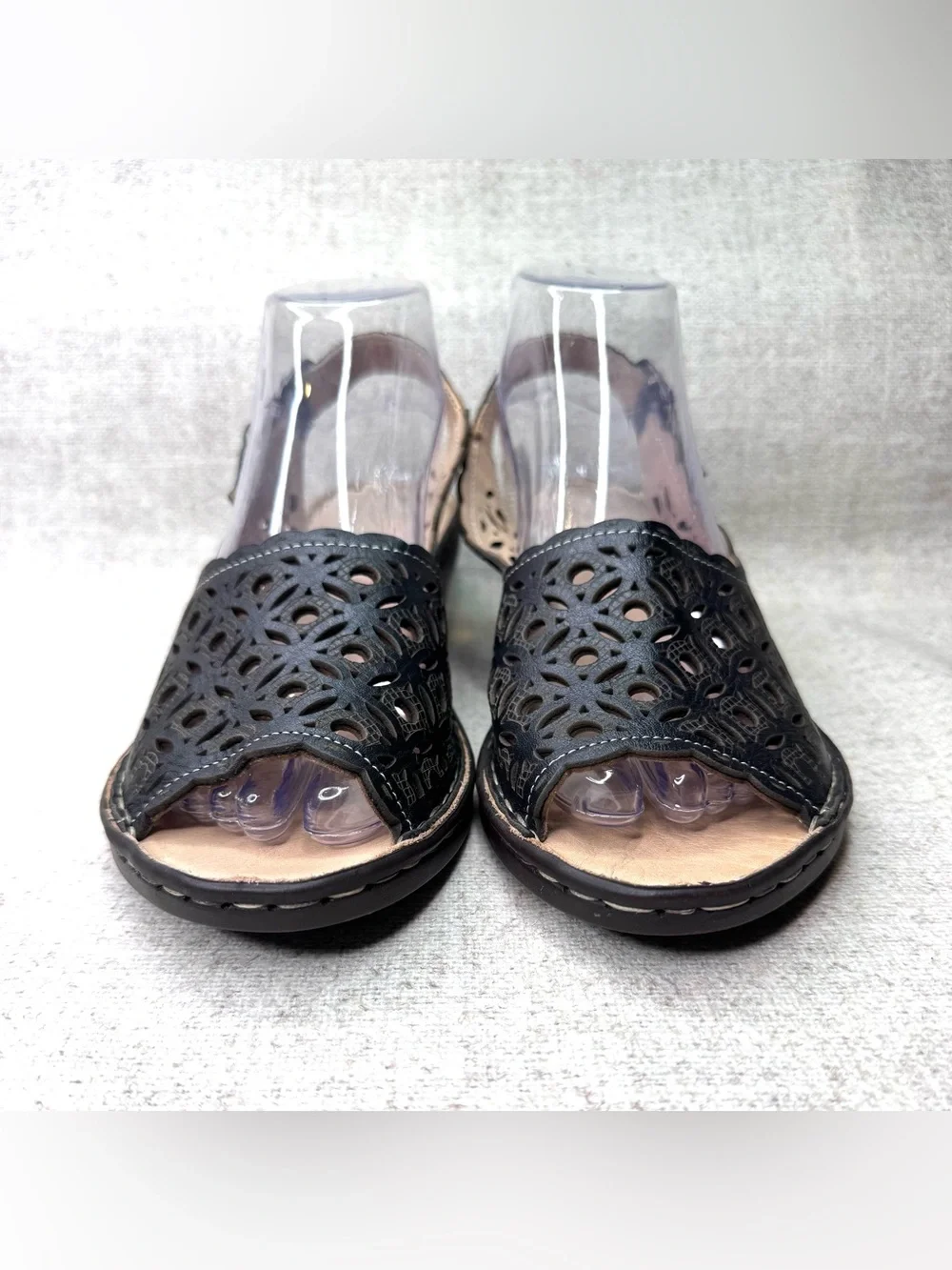 Spring Step Wedge Slingback Sandals black leather size 9/40 peep toe laser cut