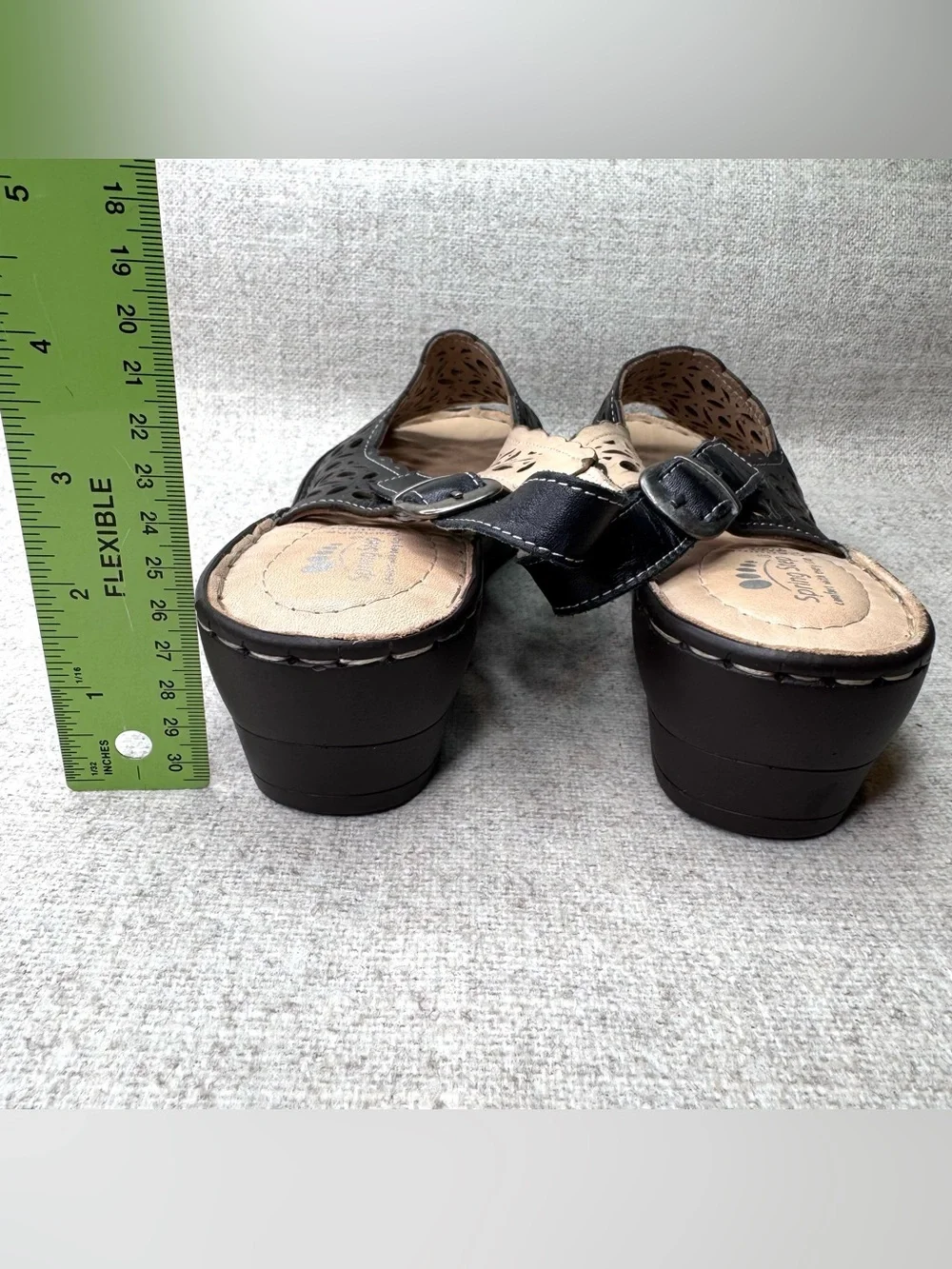 Spring Step Wedge Slingback Sandals black leather size 9/40 peep toe laser cut