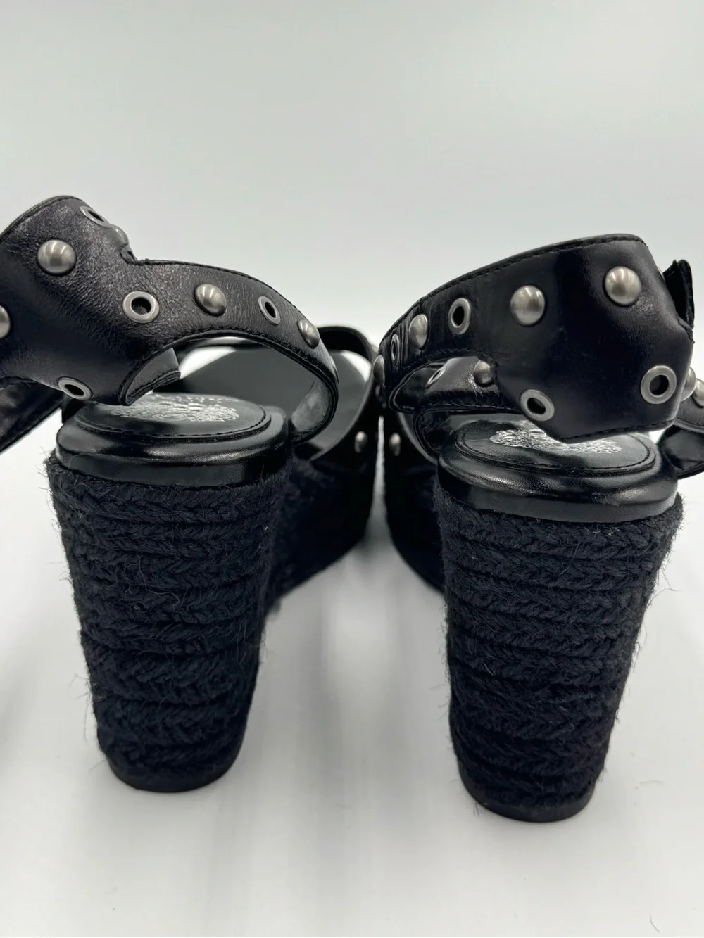 Vince Camuto Peegella Black Leather Studded Espadrille Wedge Sandals 10