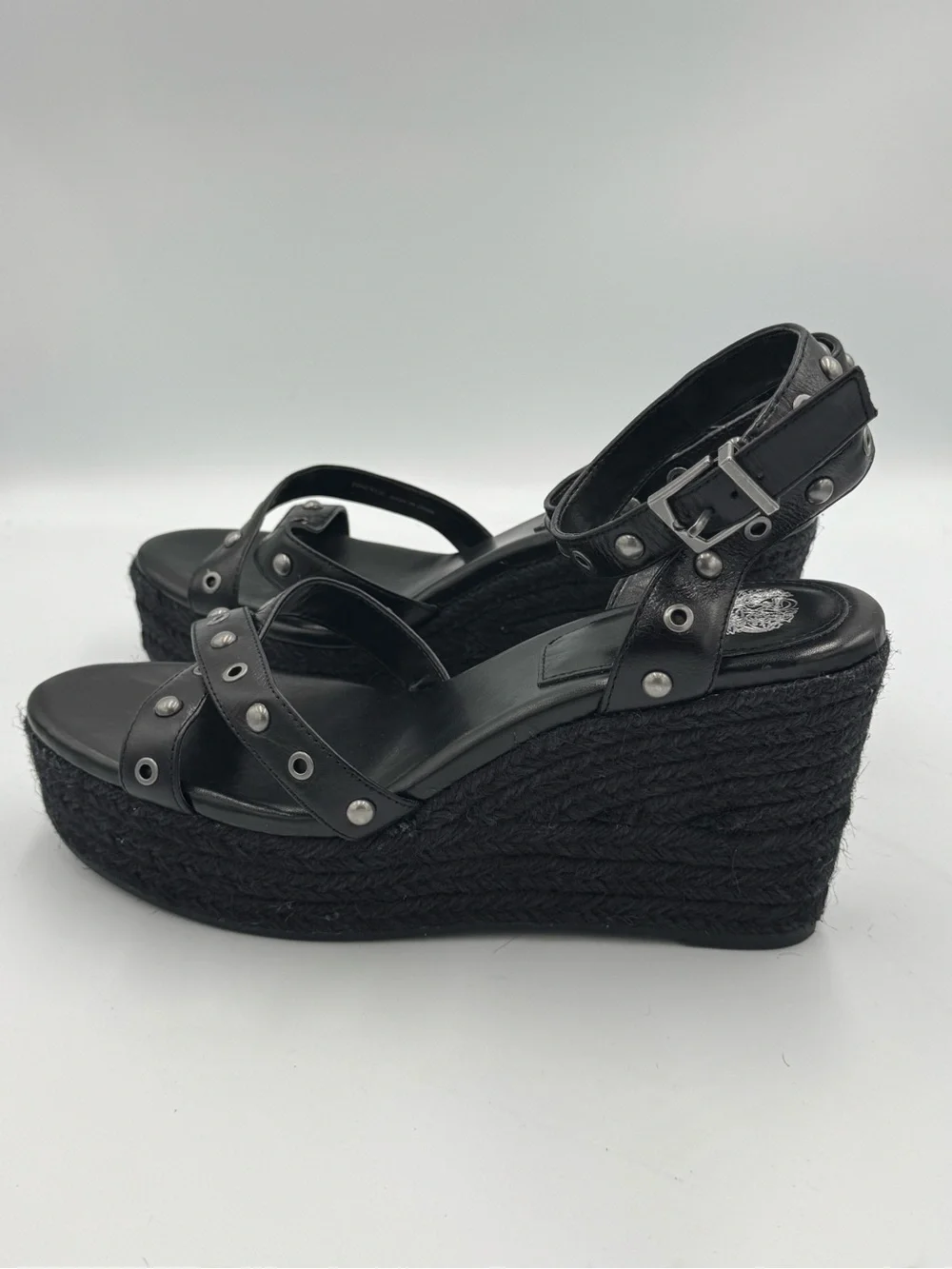 Vince Camuto Peegella Black Leather Studded Espadrille Wedge Sandals 10