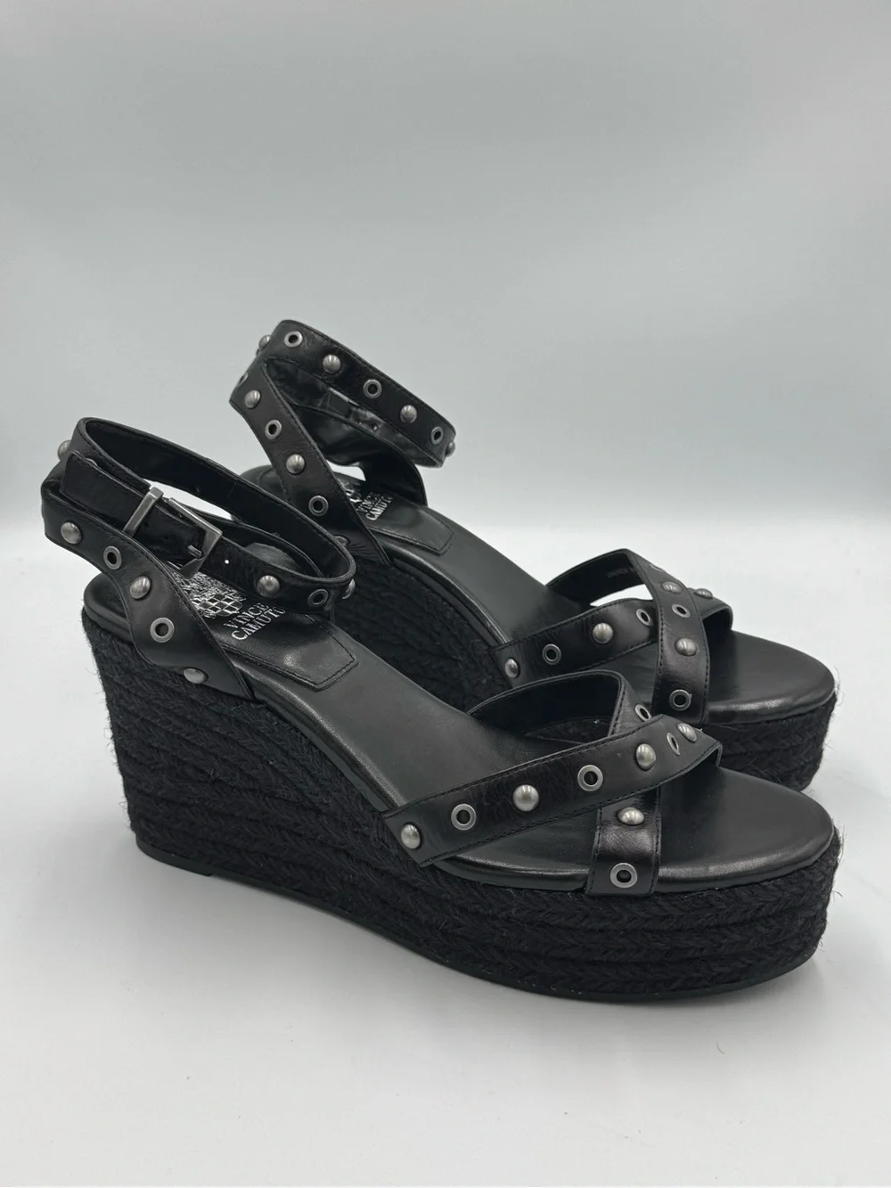 Vince Camuto Peegella Black Leather Studded Espadrille Wedge Sandals 10