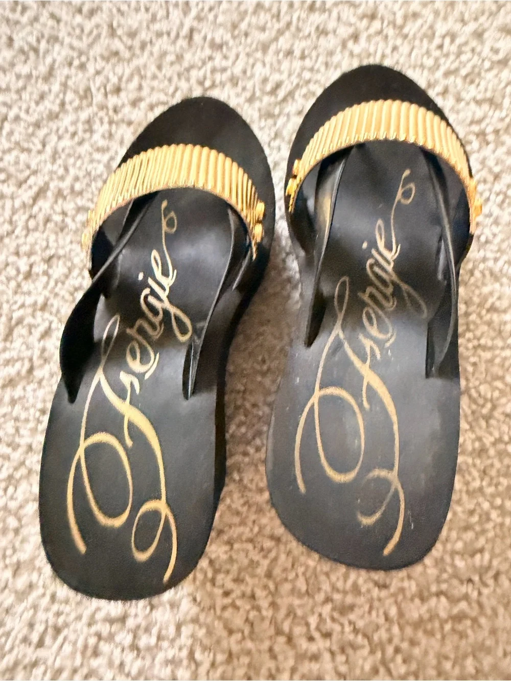 Black Wedge Flip-Flop Sandals with Gold Accent