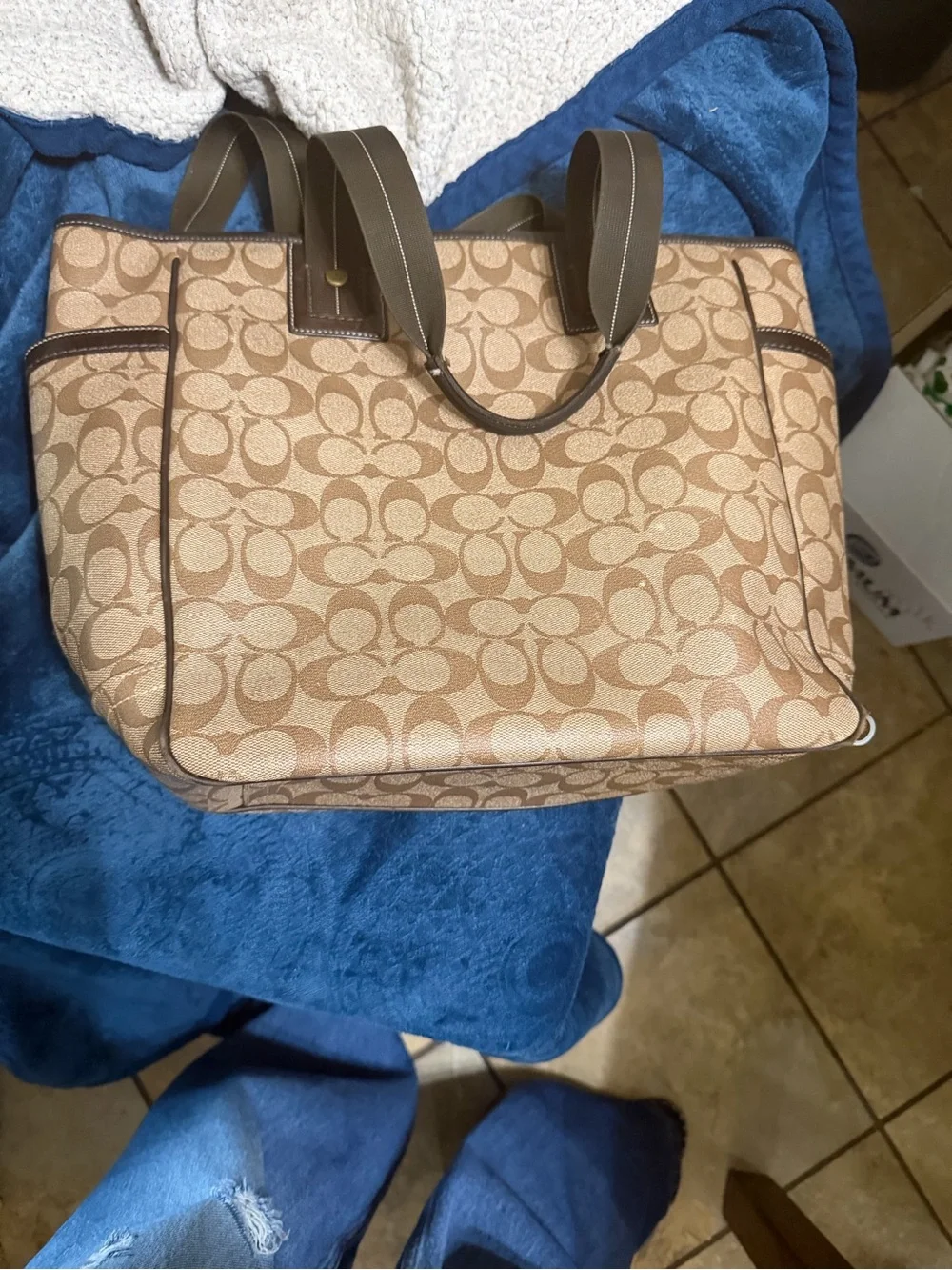 Coach Brown Signature Stripe Messenger Tote with Red & Navy Accents
