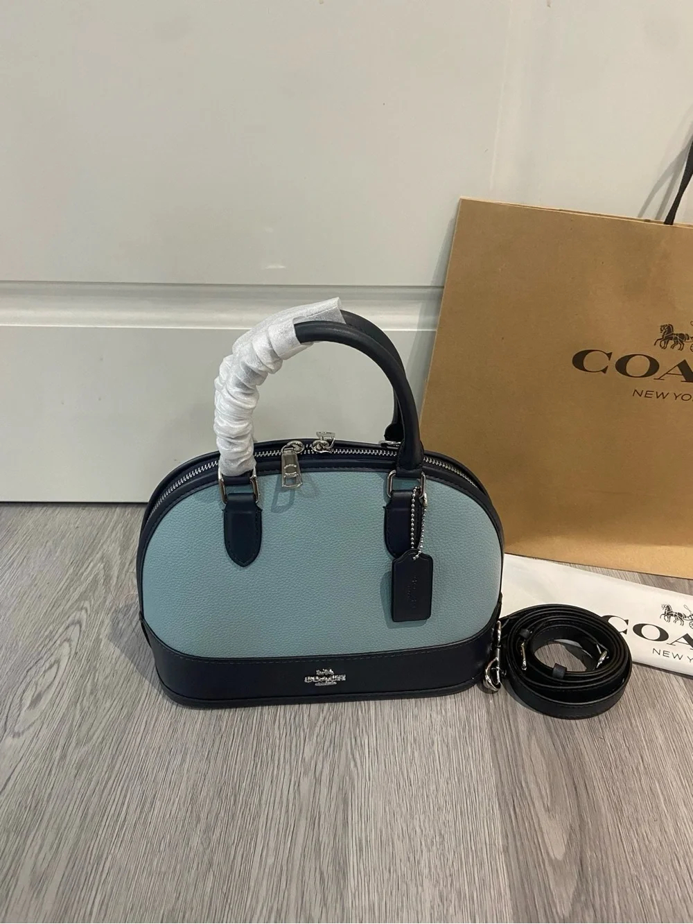 Coach Dome Satchel in Light Blue and Black Pebbled Leather