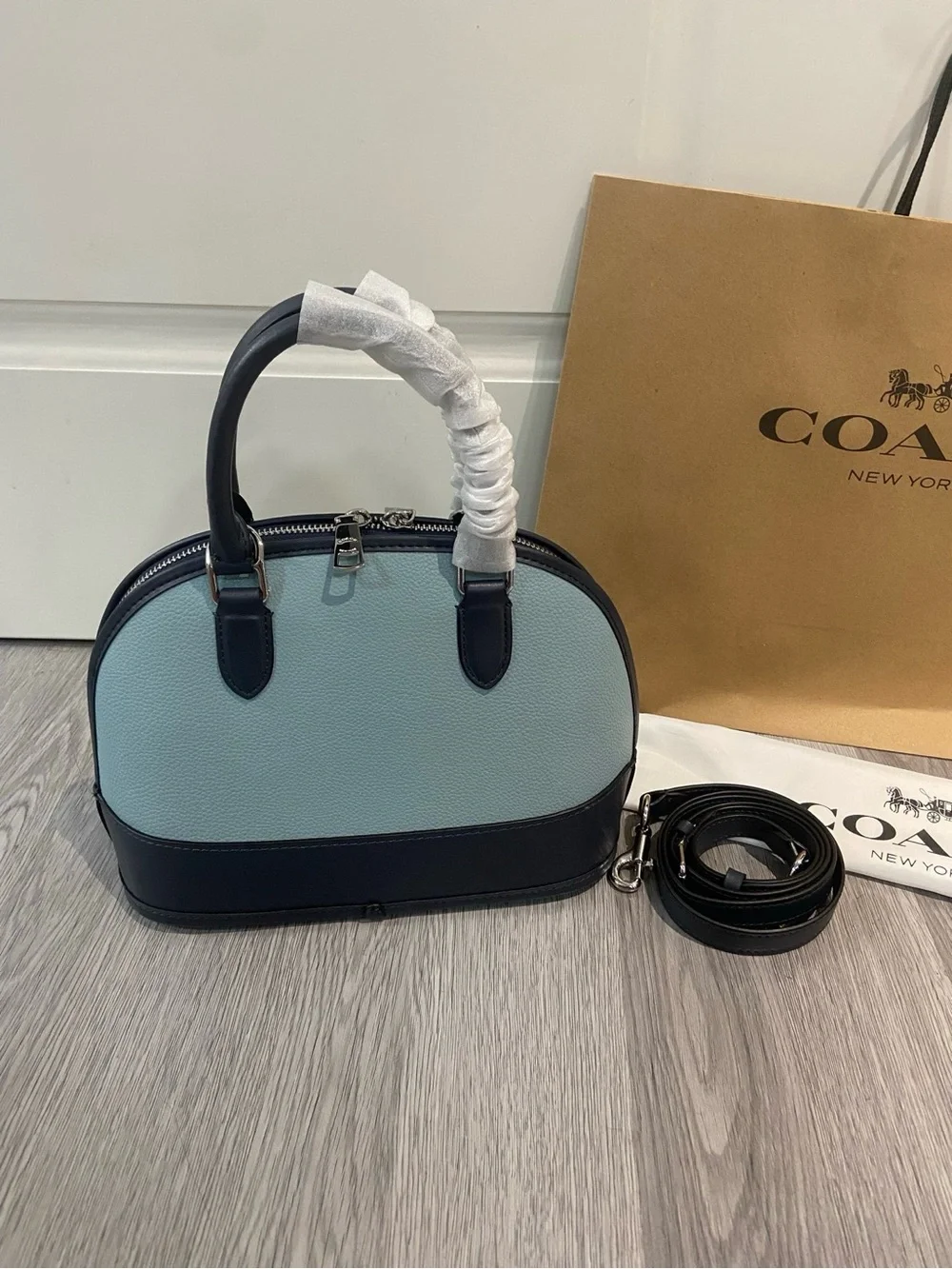 Coach Dome Satchel in Light Blue and Black Pebbled Leather