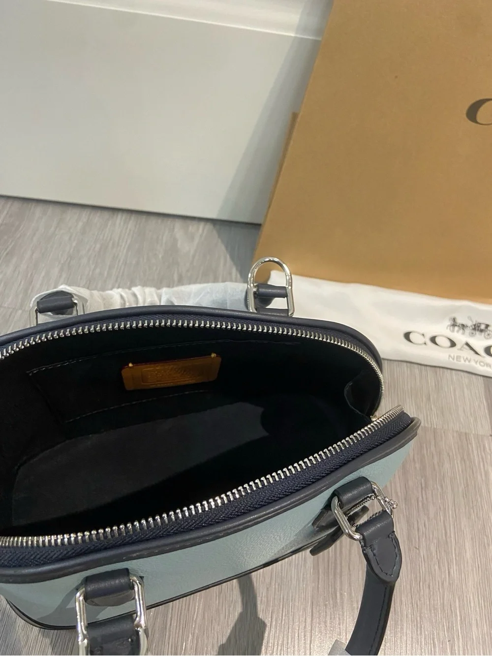 Coach Dome Satchel in Light Blue and Black Pebbled Leather