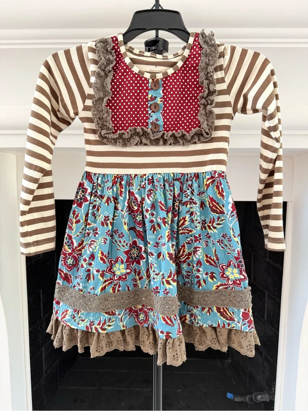 Mustard Pie Brown Stripe and Blue Floral Patchwork Dress-Girls 6