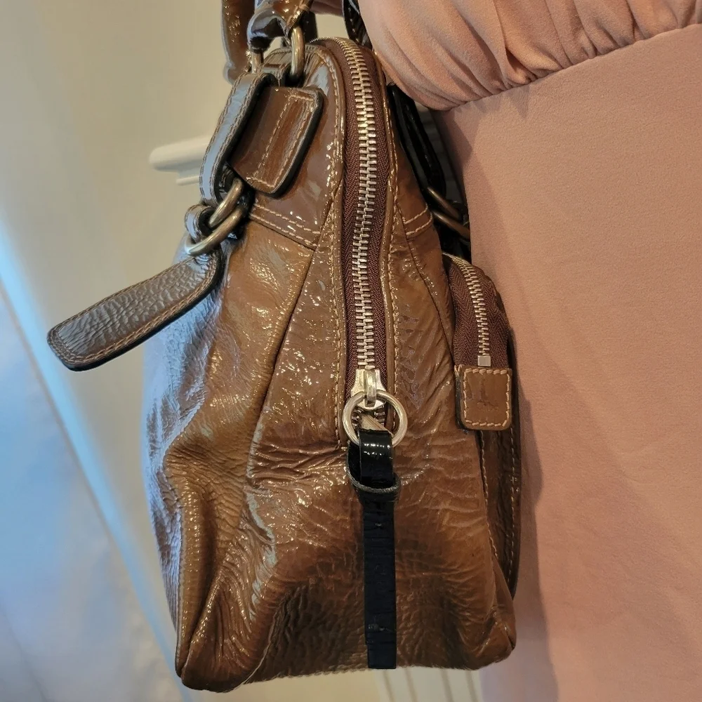 Chloe Bay Quilted Patent Leather Satchel Bag.