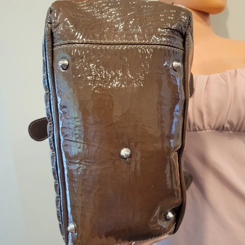 Chloe Bay Quilted Patent Leather Satchel Bag.