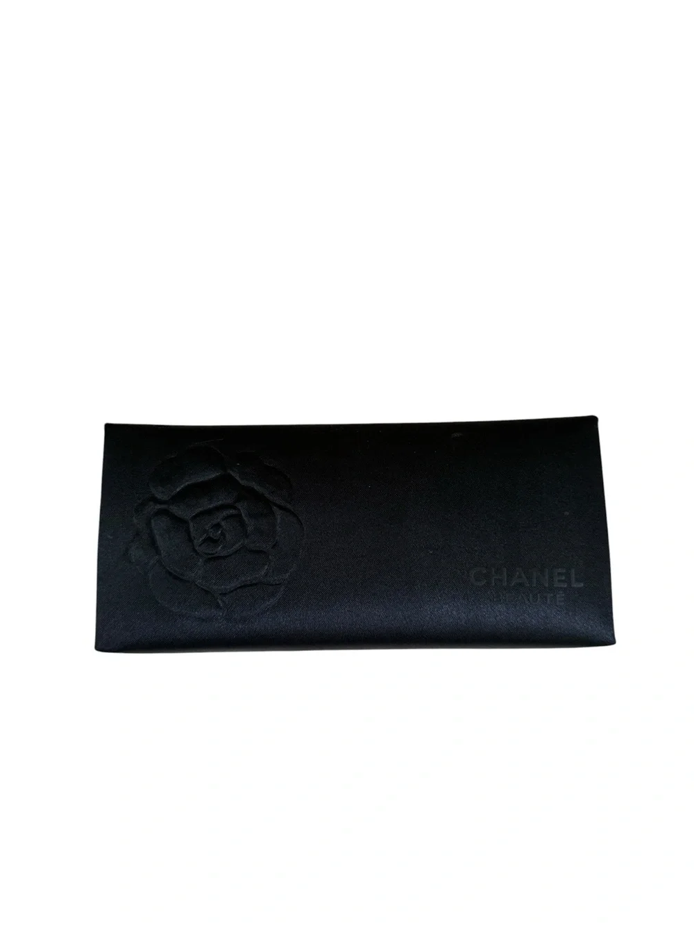 CHANEL Black Camellia Embossed Satin Box Clutch