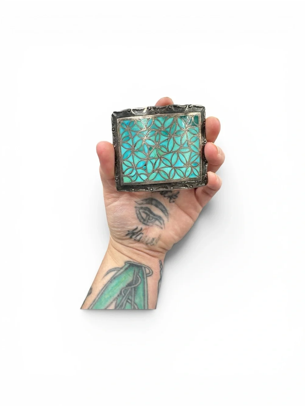 Vintage Sterling Joe & Lola Hechilay Zuni Fish Scale Turquoise Belt Buckle 3”