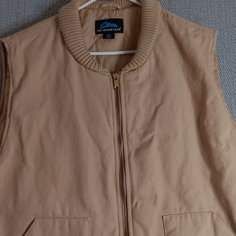 Tri-Mountain Canvas Vest Mens XL Tan Diamond‎ Quilt Lined Zip Outdoors Utility