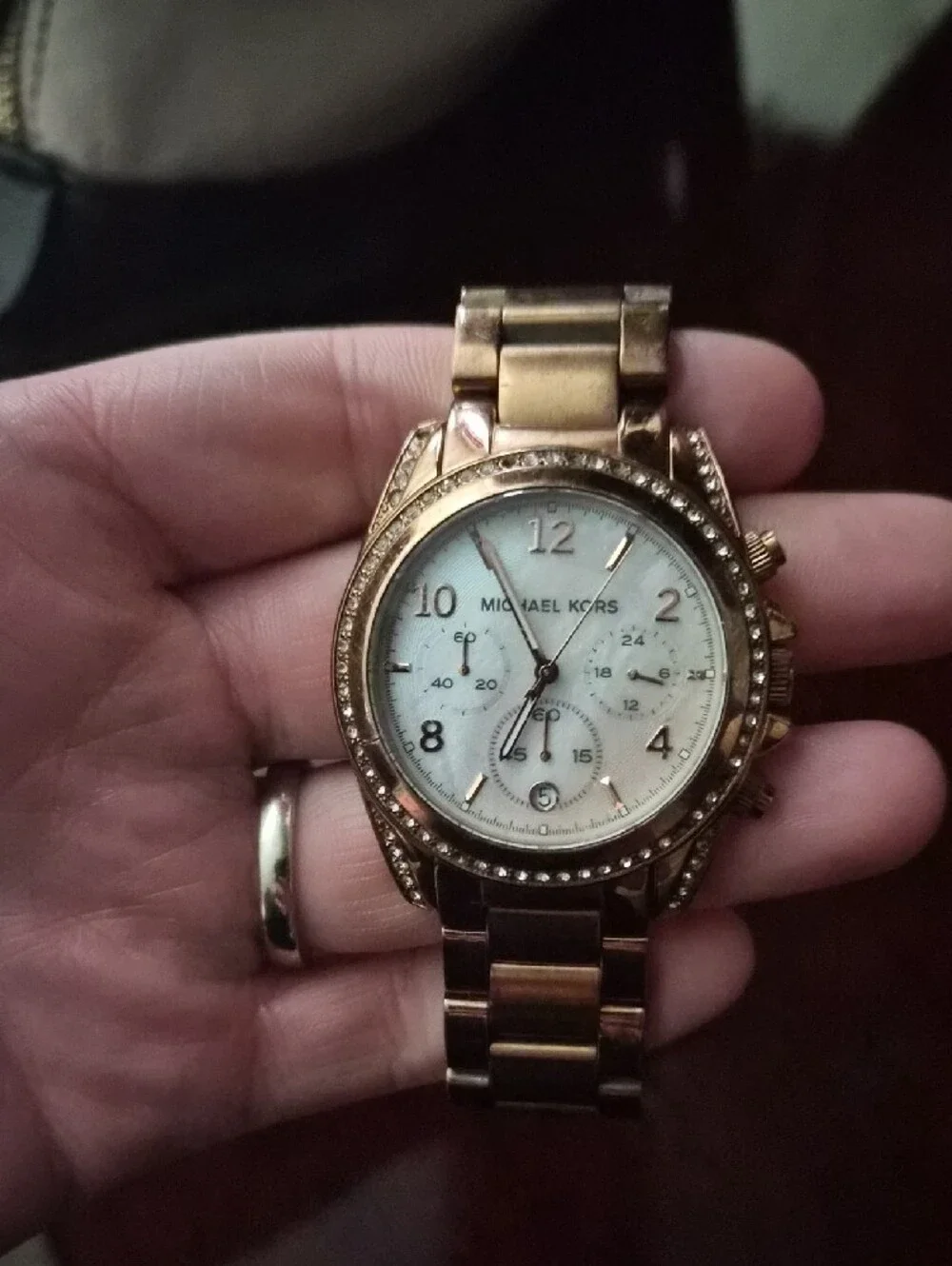 Michael Kors rose gold-tone crystal bezel watch with white dial