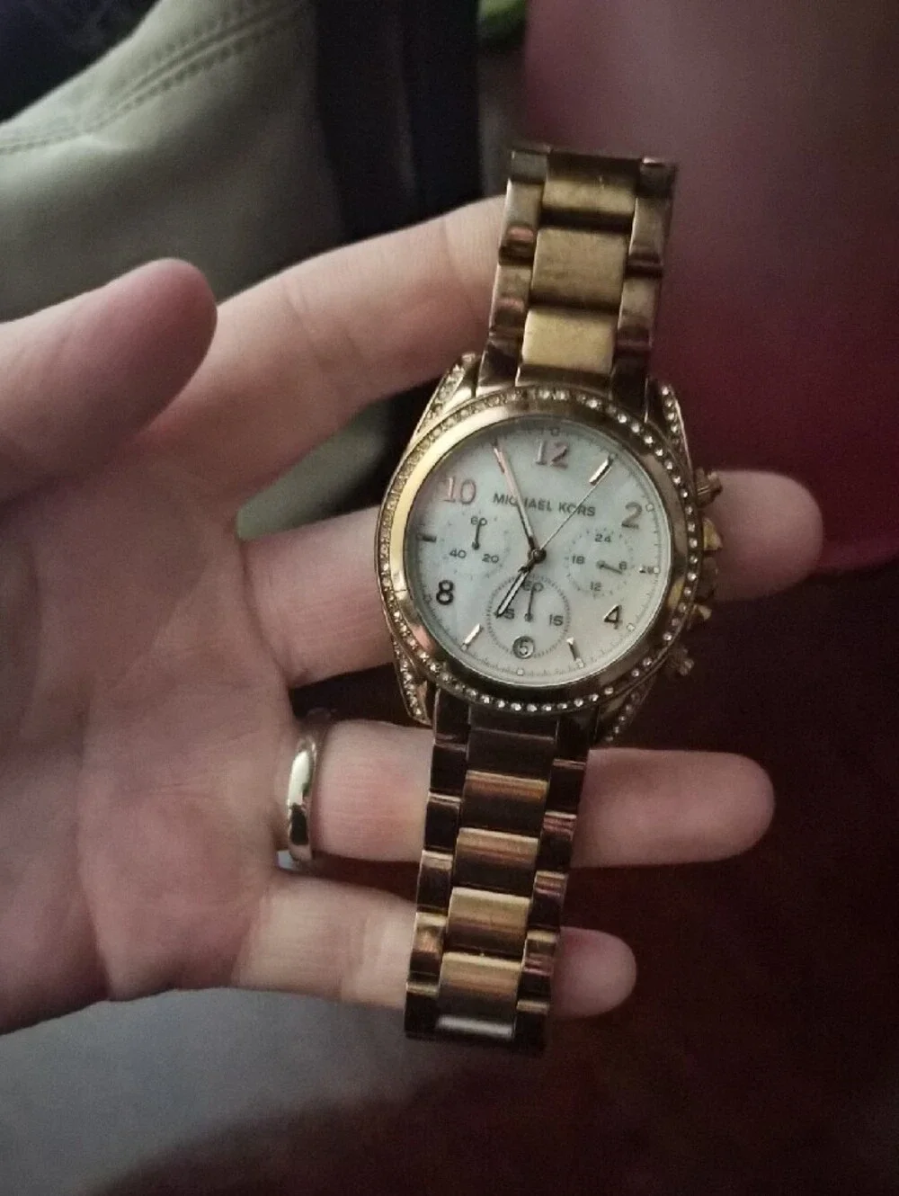 Michael Kors rose gold-tone crystal bezel watch with white dial