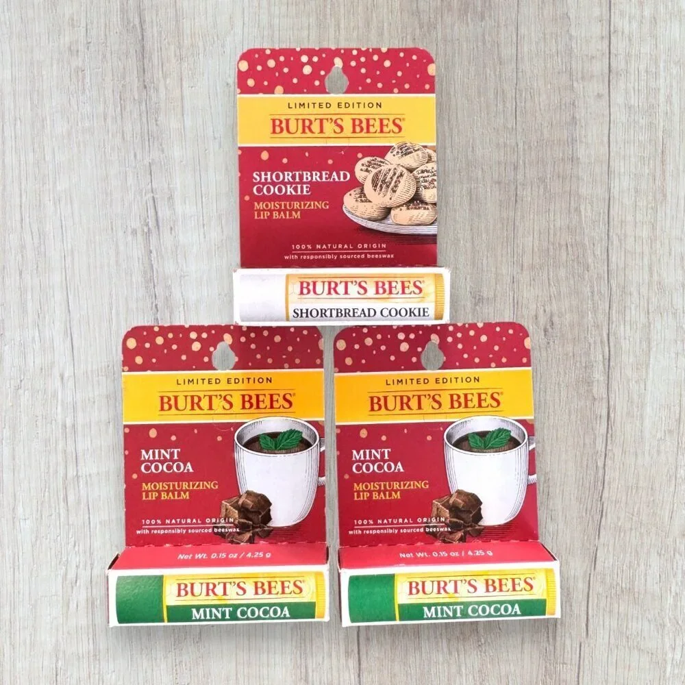 Burt’s Bees Limited Edition Holiday Lip Balm Mint Cocoa Shortbread Cookie Lot 3