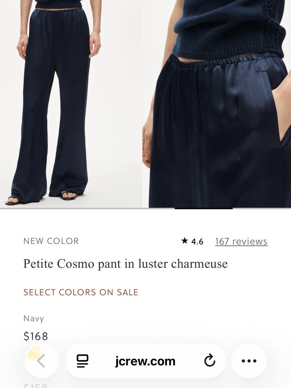 J. Crew Wide-Leg Luster Charmeuse Pants in Navy