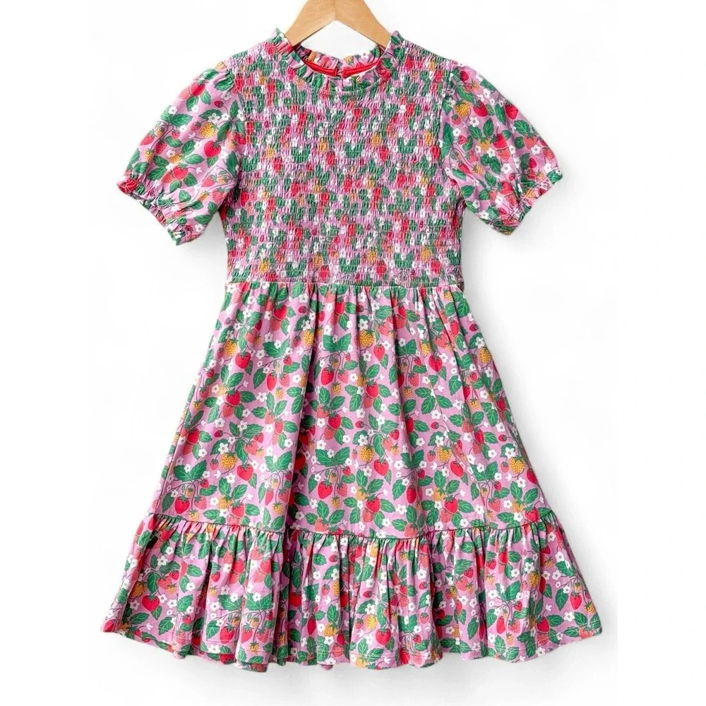 Mini Boden Aurora Strawberry Floral Smocked Dress Puff Sleeve Pink Girls 11-12 Y