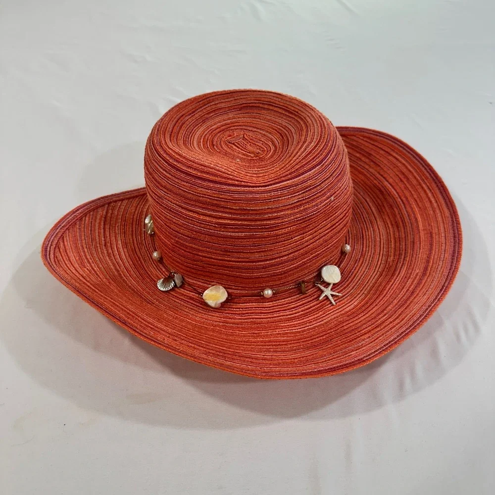Cappelli Straworld Sun Hat Womens Coral Woven Seashell Beaded Wide Brim Beach