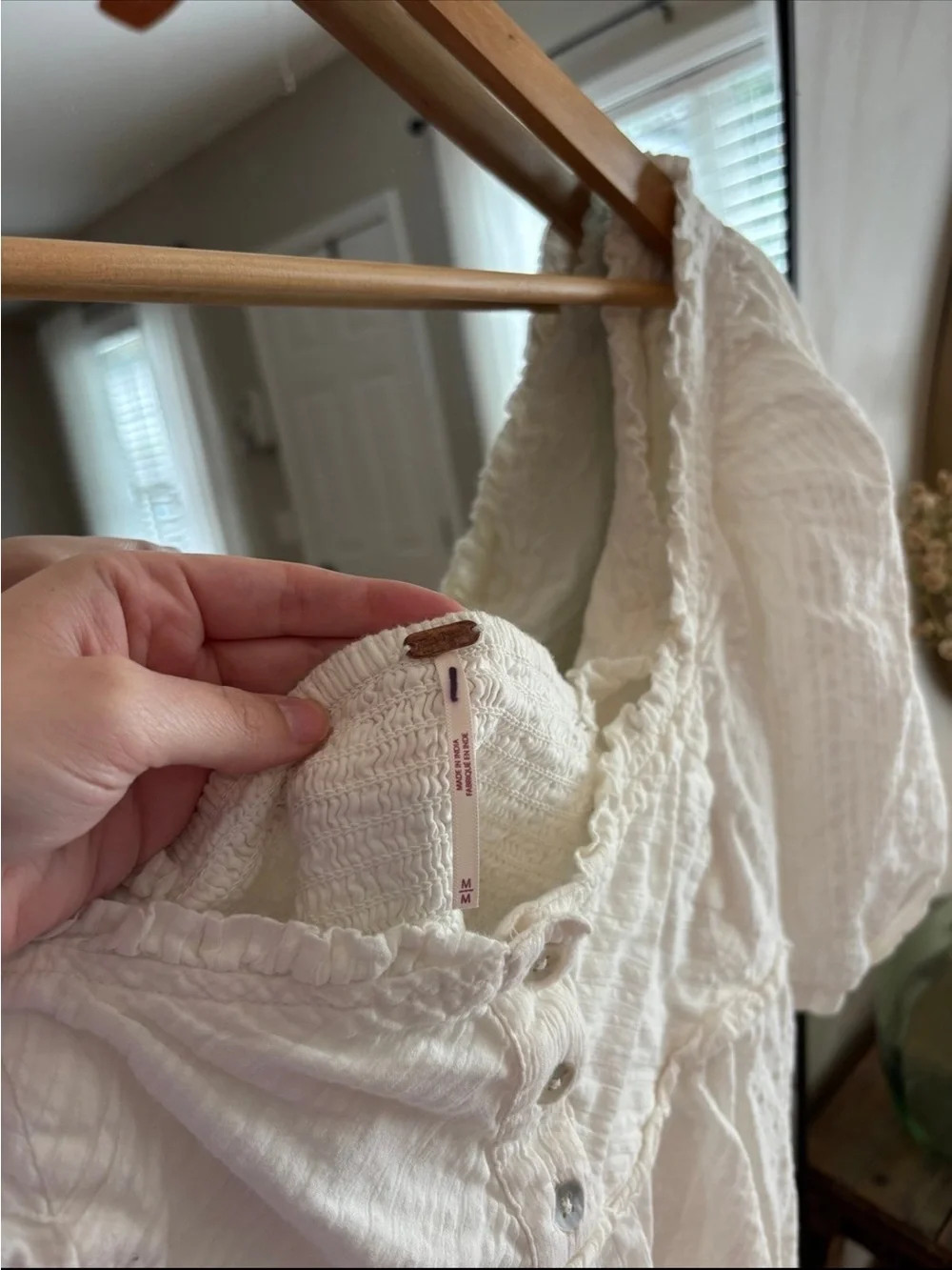 Free People White Peplum Puff Sleeve Square-Neck Blouse with Button Front