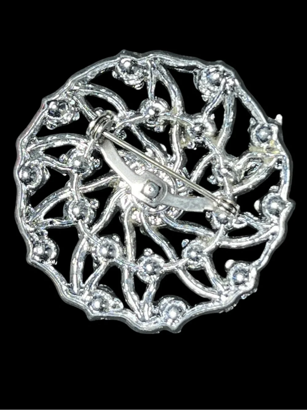 Vintage AB Crystal Rhinestone Silver Filigree Round Brooch