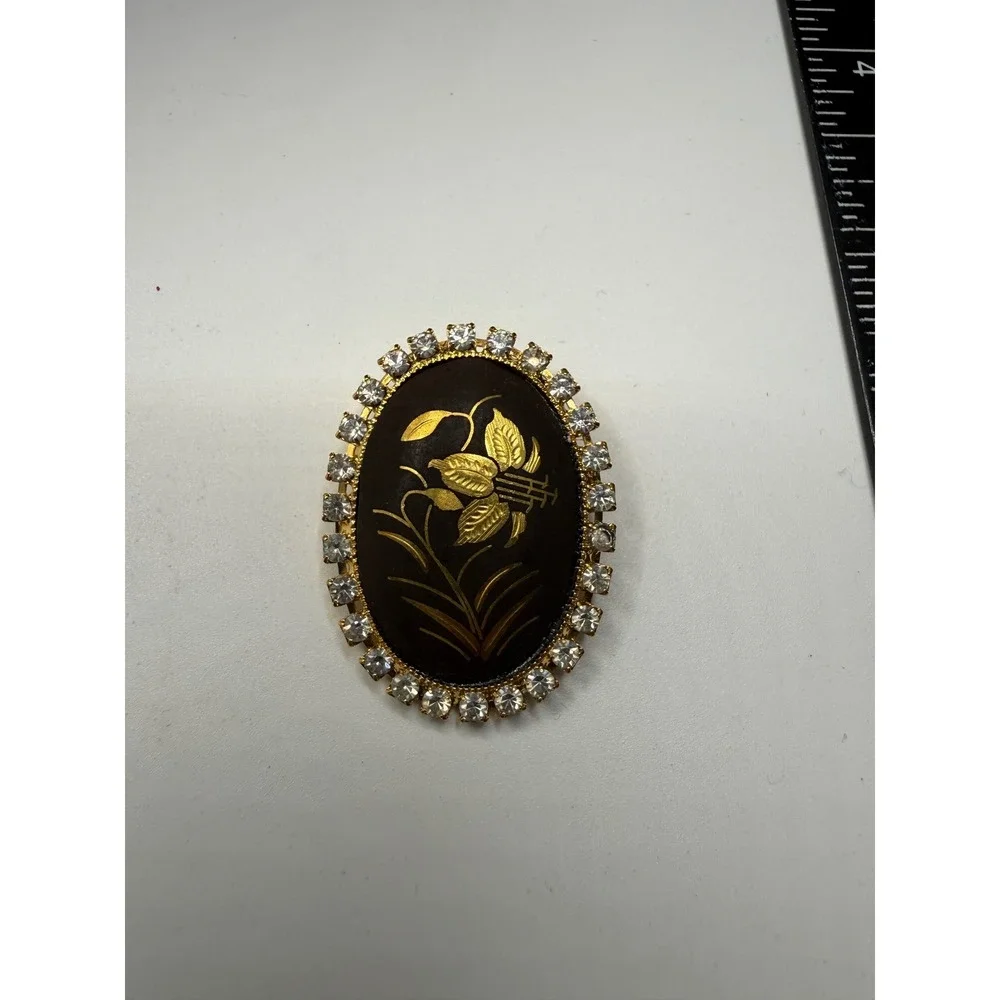 Vintage Gold‎ Tone Black Damascene Floral Brooch Pendant Clear Rhinestone Halo