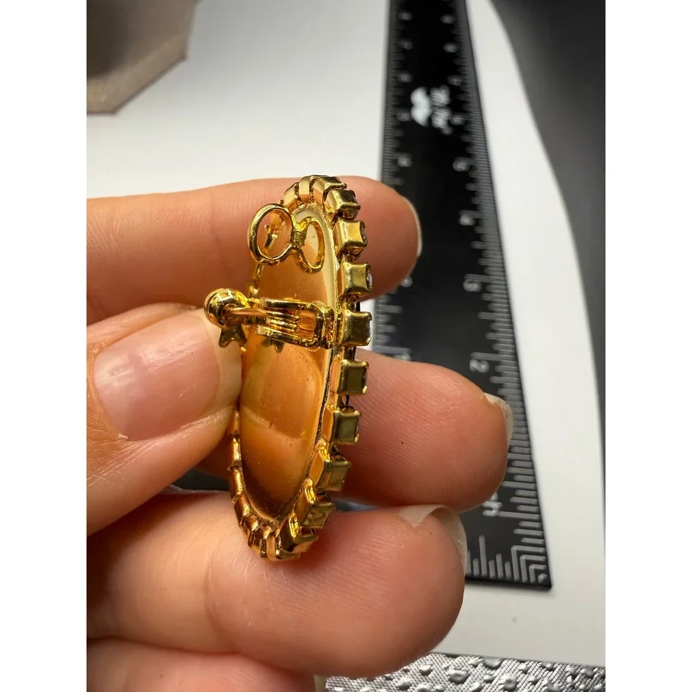 Vintage Gold‎ Tone Black Damascene Floral Brooch Pendant Clear Rhinestone Halo
