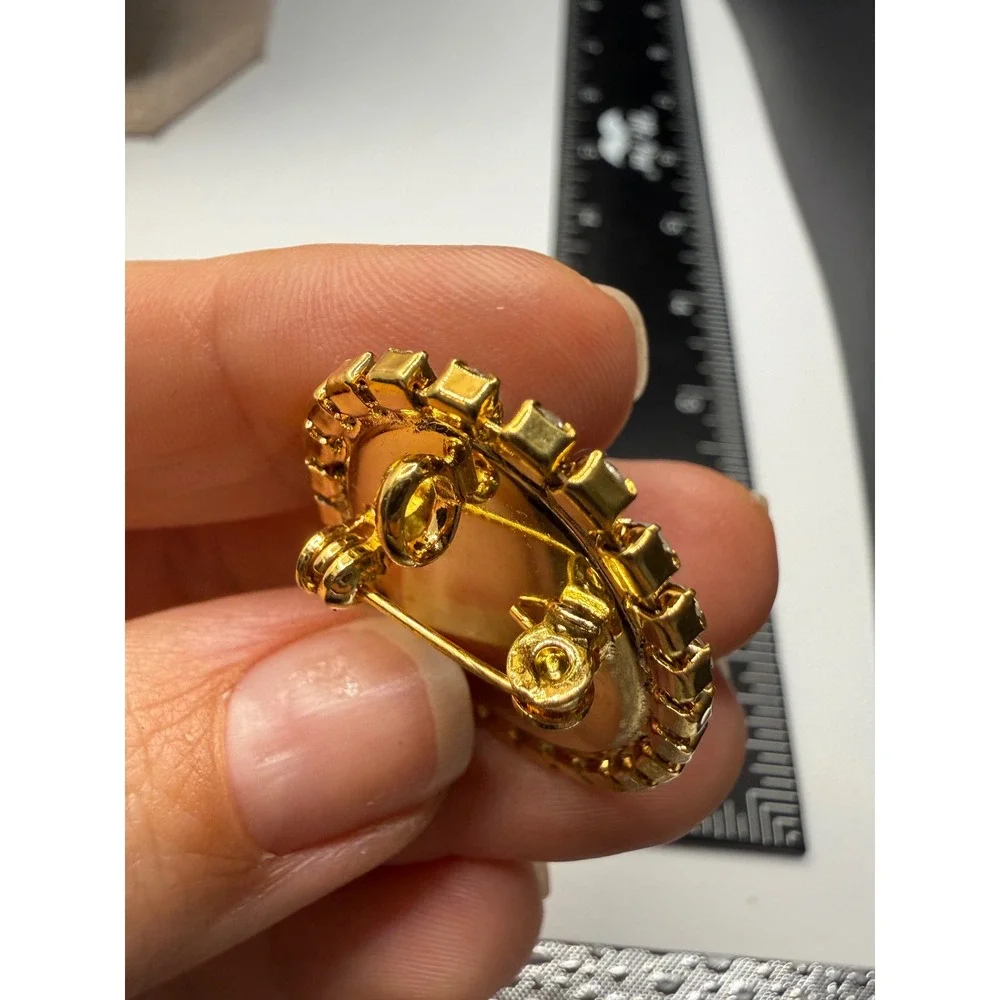 Vintage Gold‎ Tone Black Damascene Floral Brooch Pendant Clear Rhinestone Halo