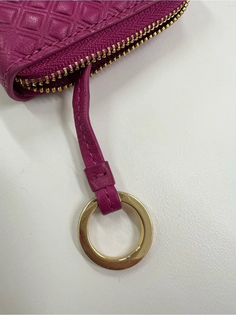 Tory Burch Marion Embossed Zip Coin Case Quilted Leather in Party Fuschia