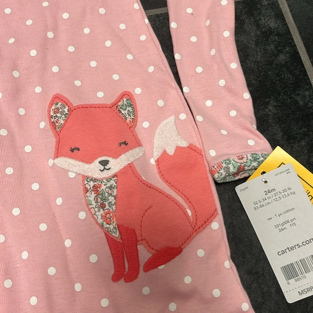 Carters Baby Full Zip Footed Body Suit Pink Polka Dot Fox NWT 24 months
