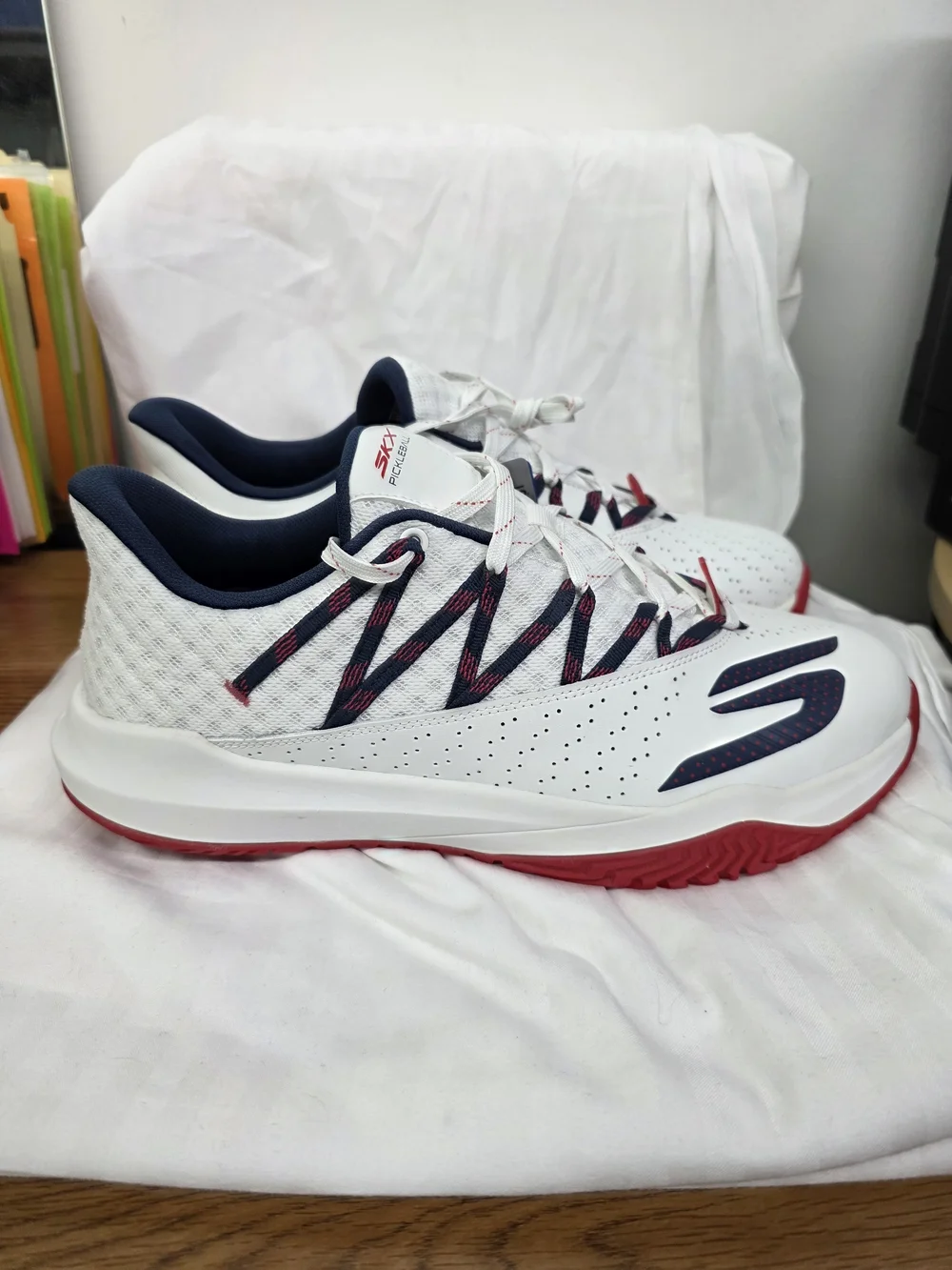 Skechers Pickleball Lace-Up Shoes — White with Navy & Red