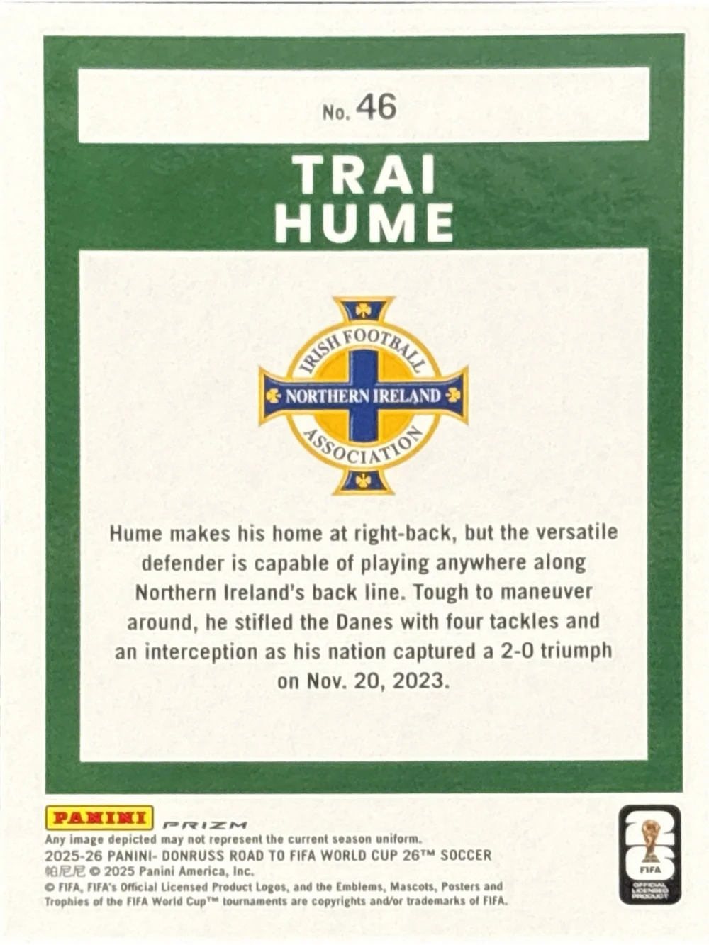 Panini Trai Hume Northern Ireland Green Rookie Soccer Trading Card