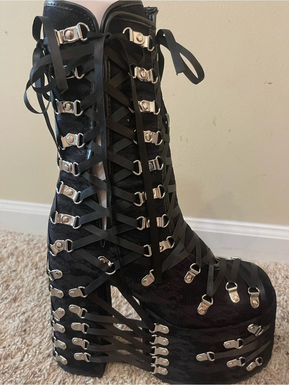 Women’s Black Lace-Up Platform Ankle Boots with Silver Hardware