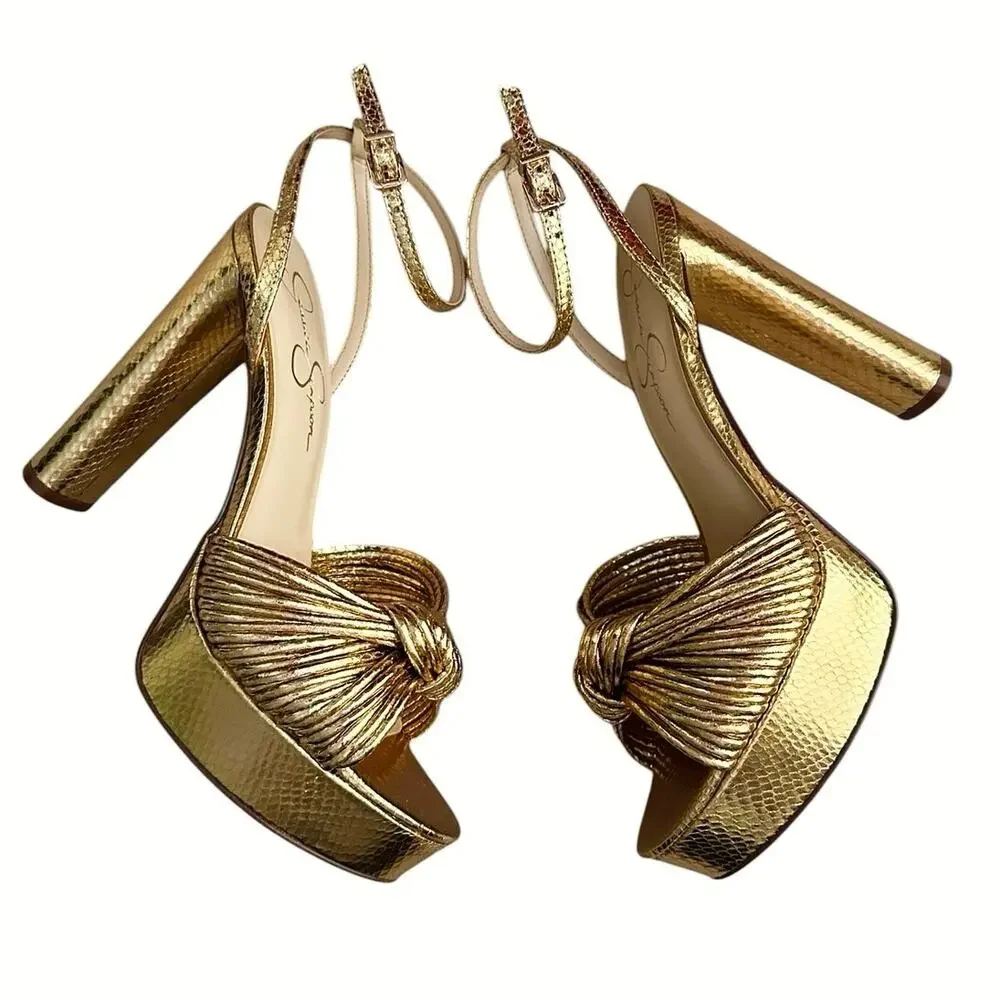 Jessica Simpson Immie Gold Metallic Platform Sandals Women 9.5 Block Heels