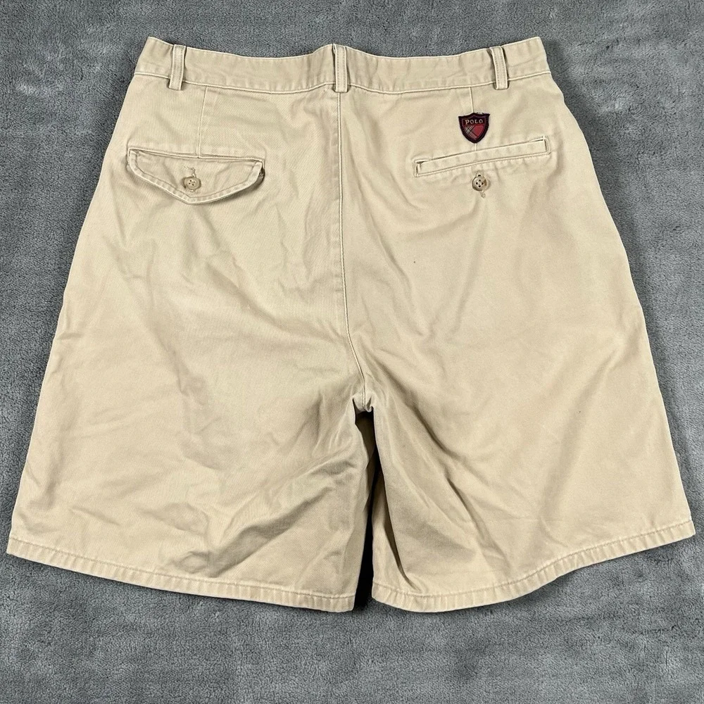 VTG Polo Ralph Lauren Mens 32 Classic Golf Short Beige Pleated Chino Plaid USA