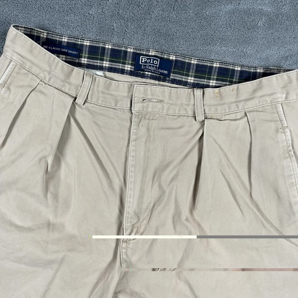 VTG Polo Ralph Lauren Mens 32 Classic Golf Short Beige Pleated Chino Plaid USA