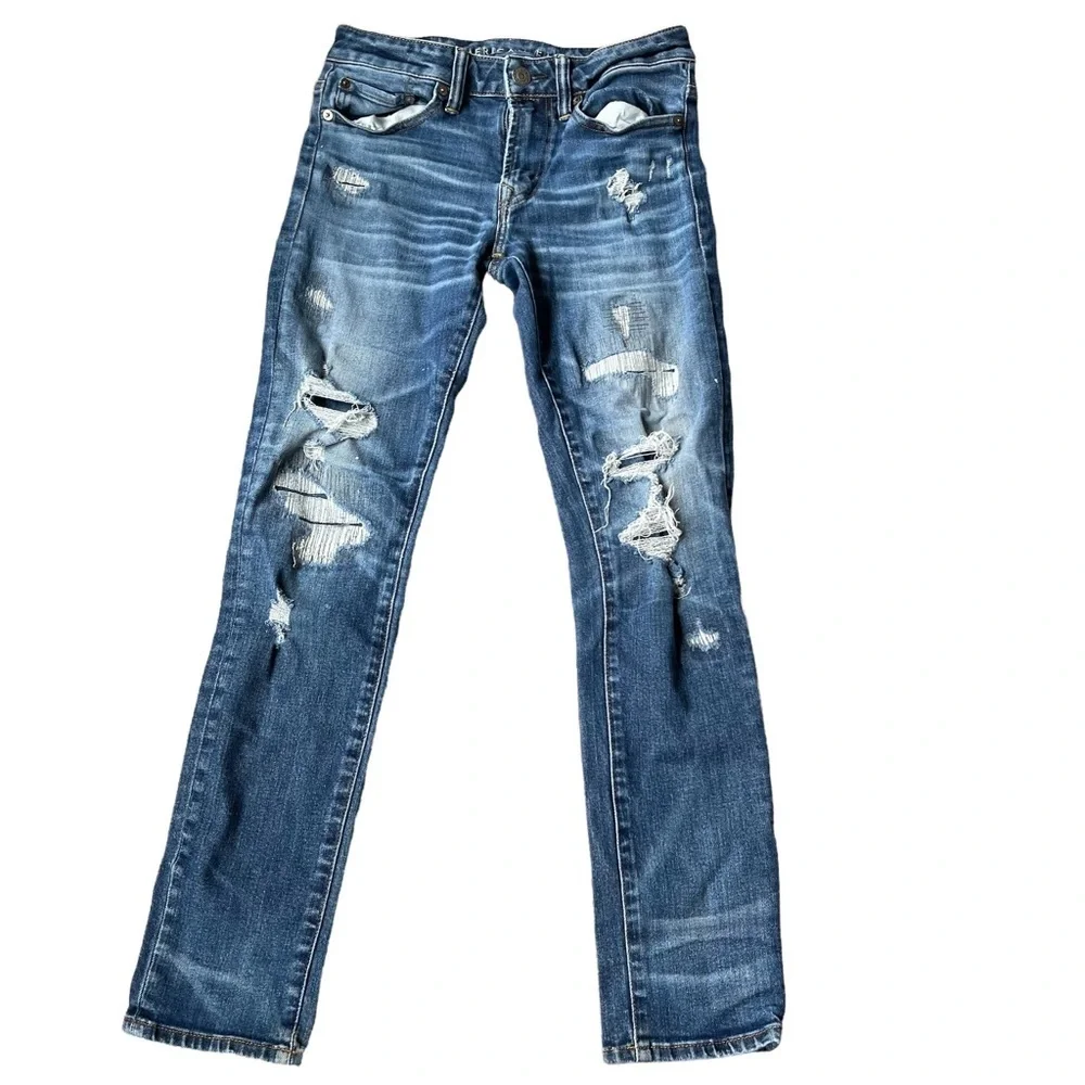American Eagle Next Level Airflex Distressed Mid- Rise‎  Skinny Jean Size: 28x30
