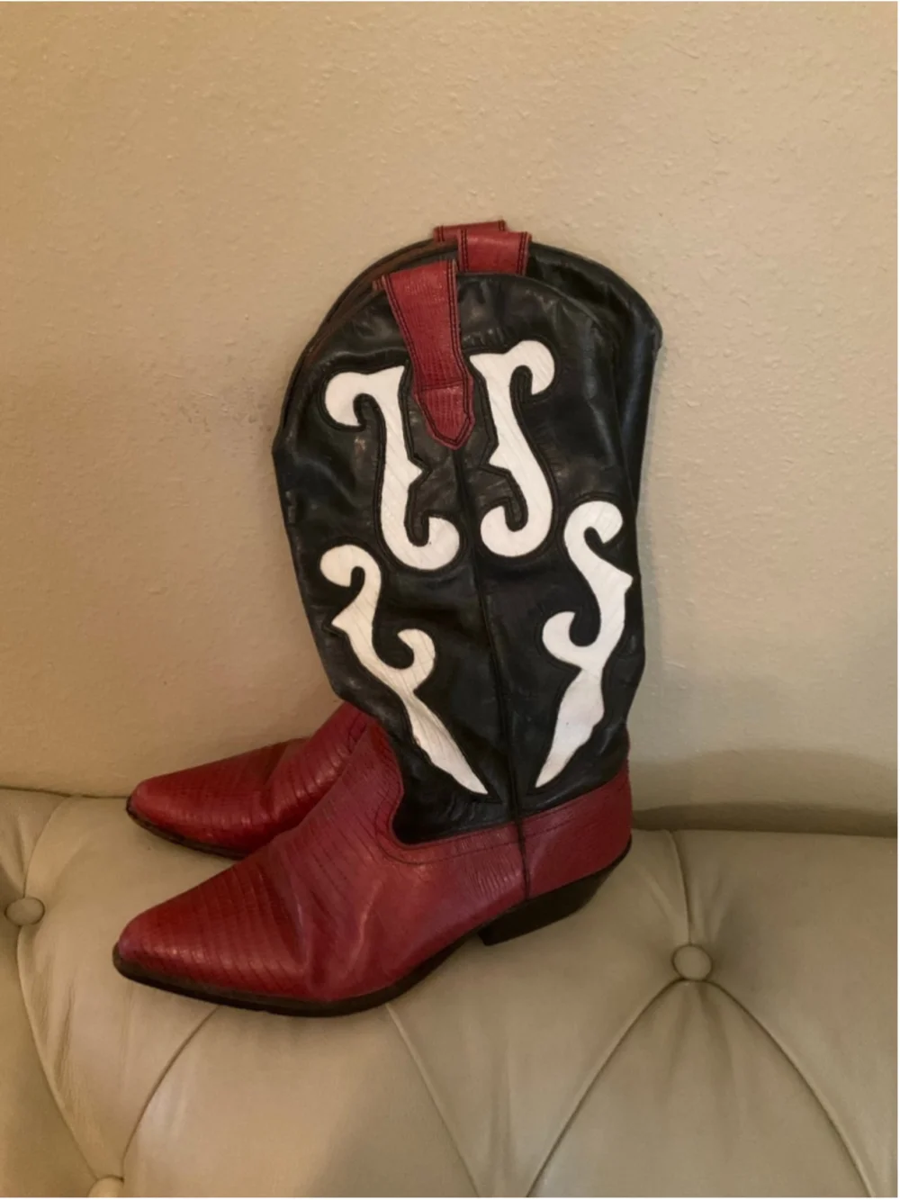Vintage Nine West N-Ronnee Tri-Color Lizard Print Cowboy Boots Size 8