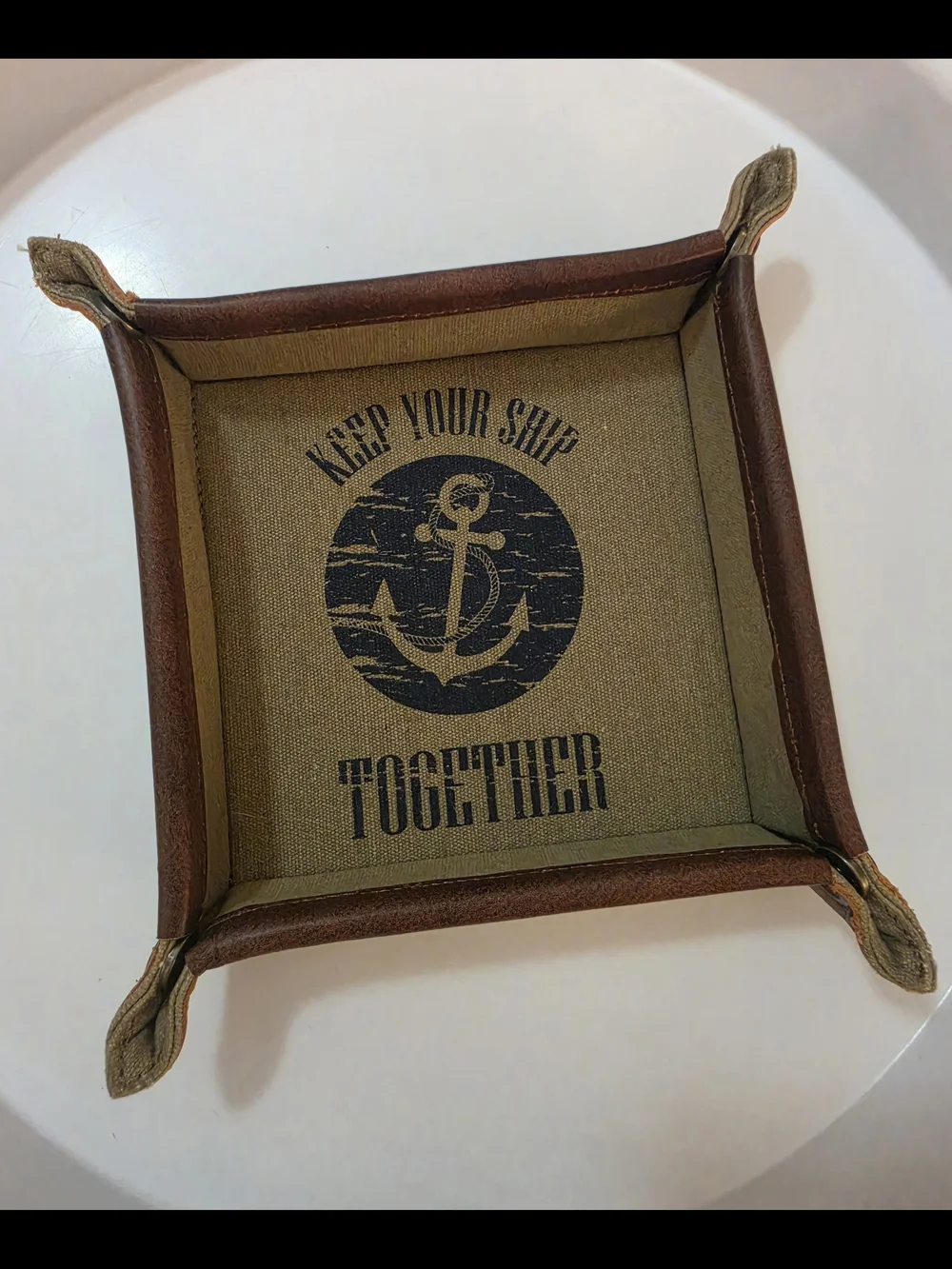 Mona B Nautical Anchor Canvas Catchall Tray in Rustic Brown Leather Trim Decor