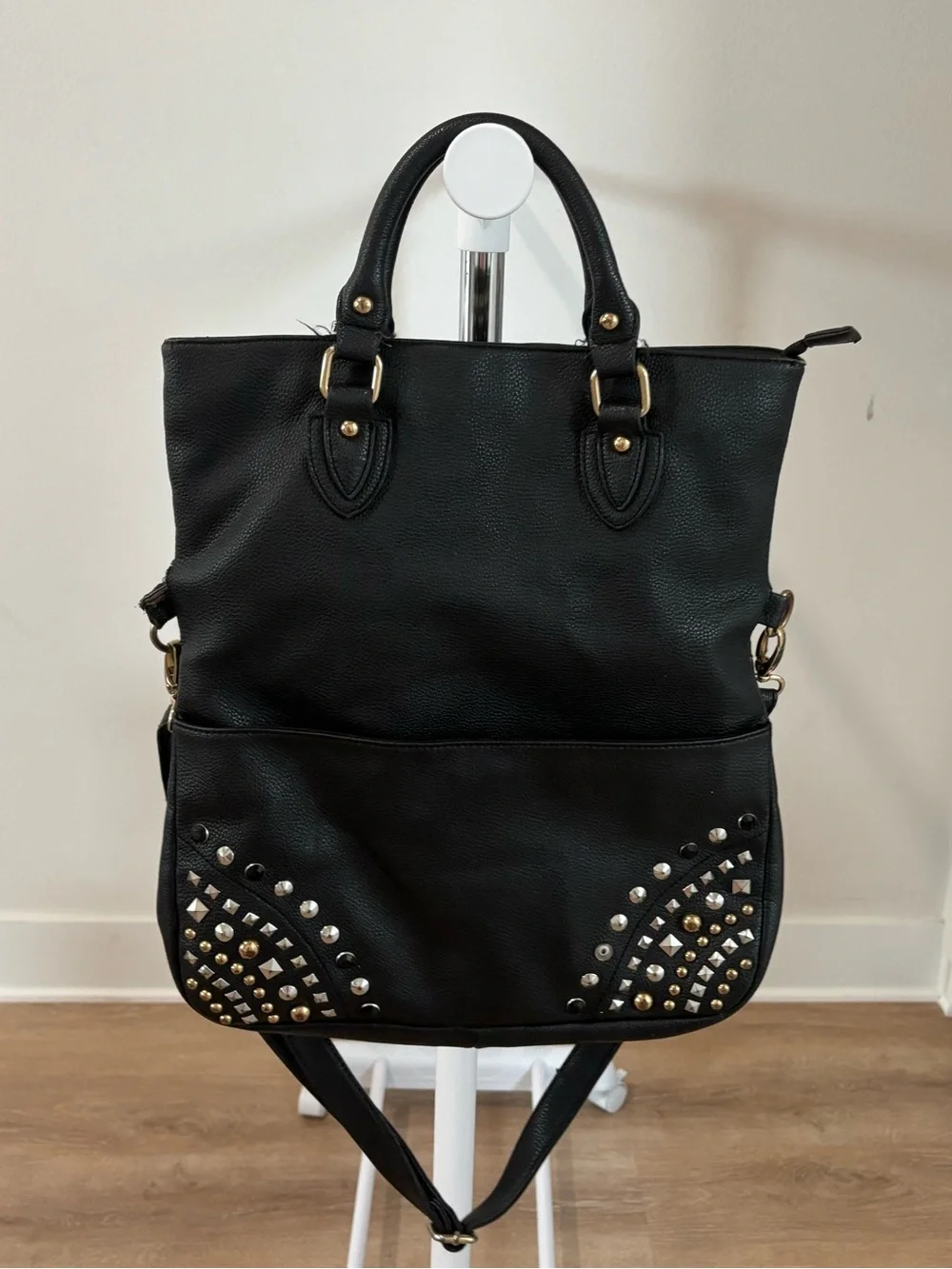 Aldo Black Studded Backpack Tote with Gold Accents