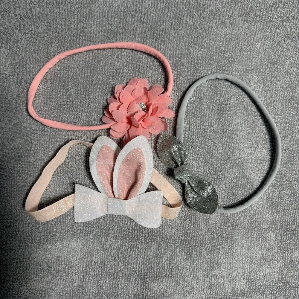 3pc Baby Girl Headband Set Pink Flower Bunny Ears Glitter Bow Gray Bands