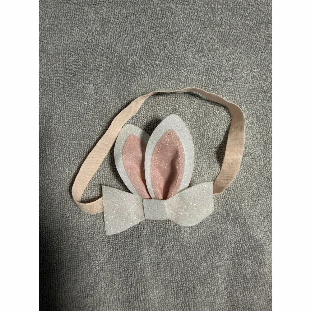 3pc Baby Girl Headband Set Pink Flower Bunny Ears Glitter Bow Gray Bands